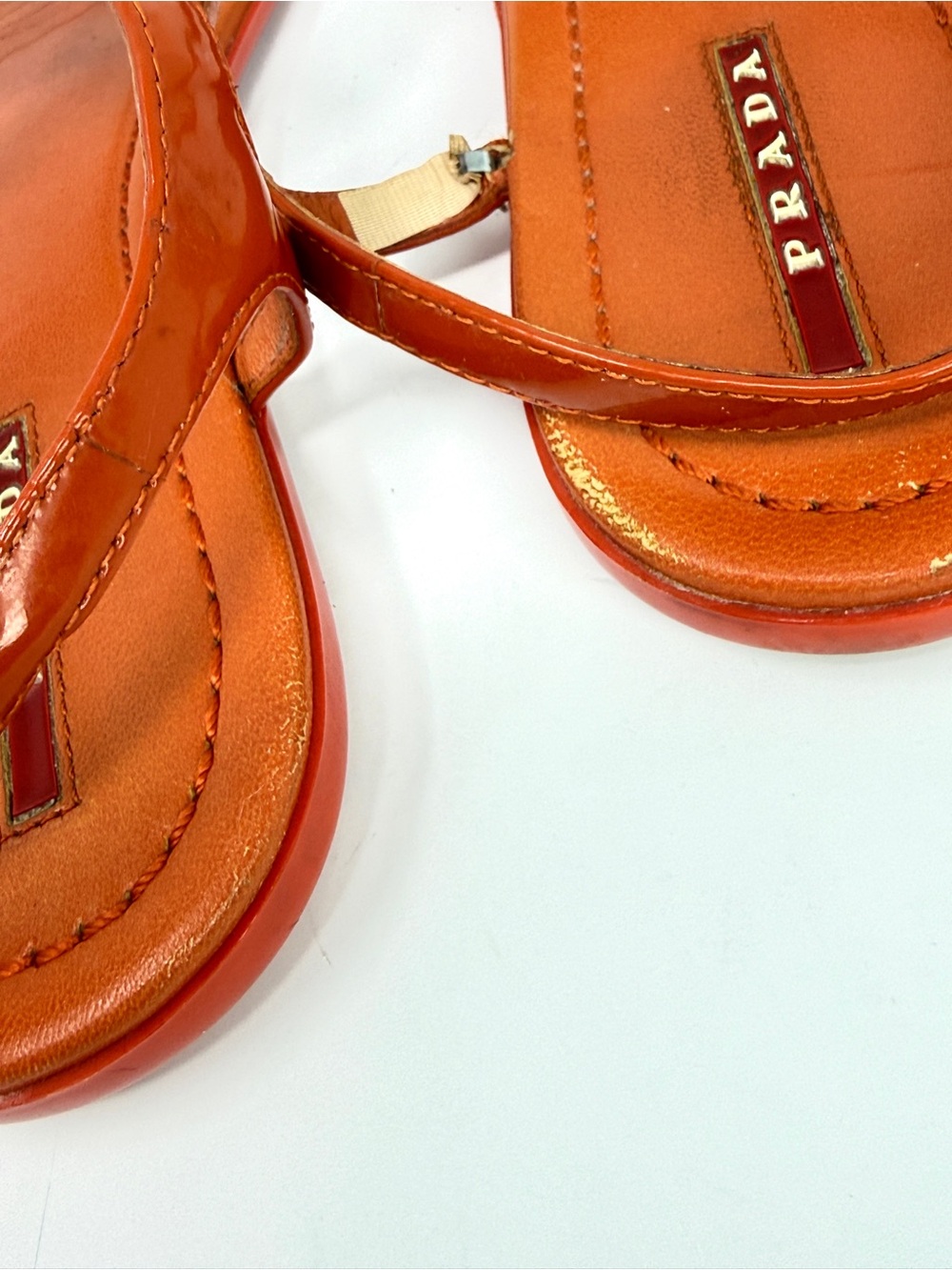 PRADA Triangle Logo Patent Leather Thong Sandals Arancio Orange-Red Size 41 US10 - Picture 14 of 16